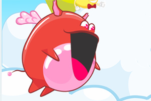 날개가 달린 빨간 물고기가 하늘을 날고 있는 모습