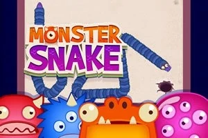 다양한 표정의 몬스터들이 배경에 있는 뱀 일러스트와 함께 중앙에 MONSTER SNAKE라는 텍스트가 있는 이미지