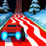 붉은 차량이 얼어붙은 눈 덮인 도로를 질주하는 모습