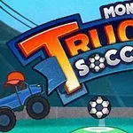 몬스터 트럭 두 대가 축구공을 중심으로 대치하고 있는 모습