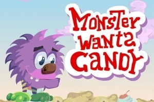 보라색 털과 큰 눈을 가진 괴물 캐릭터와 빨간색 글씨로 쓰인 MONSTER WANTS CANDY라는 텍스트가 있는 이미지