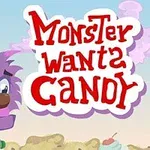 보라색 털과 큰 눈을 가진 괴물 캐릭터와 빨간색 글씨로 쓰인 MONSTER WANTS CANDY라는 텍스트가 있는 이미지