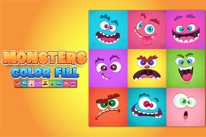 다양한 표정을 가진 아홉 개의 귀여운 몬스터 얼굴이 색색의 사각형에 배치되어 있음