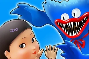 파란색 배경 앞에 있는 소녀와 괴물 캐릭터, 소녀는 앞을 보고 있고 괴물은 입을 벌리고 있다