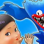 파란색 배경 앞에 있는 소녀와 괴물 캐릭터, 소녀는 앞을 보고 있고 괴물은 입을 벌리고 있다