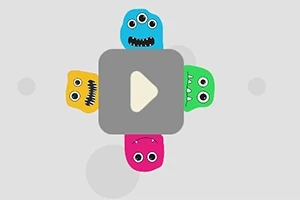 회색 사각형에 화살표 아이콘이 있으며, 네 명의 다양한 색상의 괴물들이 각 모서리에 위치해 있는 이미지