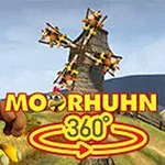 큰 만화 스타일의 닭이 풍차 앞에 서 있는 장면과 Moorhuhn 360°라는 글자가 포함된 이미지