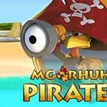 해변을 배경으로 해적 모자를 쓴 닭이 망원경을 들고 있는 이미지