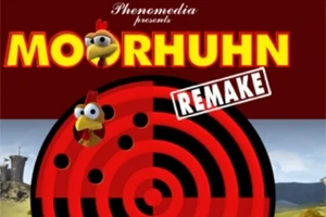 Moorhuhn Remake라는 글자와 함께 닭 캐릭터가 포함된 빨간색과 검은색의 과녁 이미지