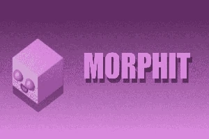 보라색 배경에 웃고 있는 큐브와 MORPHIT 텍스트가 있습니다