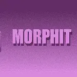 보라색 배경에 웃고 있는 큐브와 MORPHIT 텍스트가 있습니다