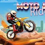 오토바이를 타고 모래 언덕을 질주하는 라이더와 도시 실루엣이 배경으로 보이는 이미지