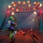 오토바이를 탄 인물이 다리를 건너고 있으며 위쪽에 MOTO MANIAC 2라는 표지판이 보인다