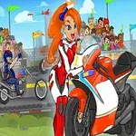 빨강 옷을 입은 여성 캐릭터가 오렌지색 오토바이를 타고 있으며, 배경에는 관중들과 다른 오토바이들이 있는 경주 트랙이 있다