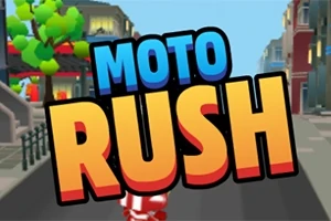 MOTO RUSH라는 텍스트가 도시 배경 위에 크게 표시된 이미지