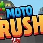 MOTO RUSH라는 텍스트가 도시 배경 위에 크게 표시된 이미지
