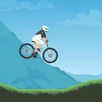 하늘 아래 산악 지형 위를 점프하는 헬멧을 쓴 자전거 타는 사람