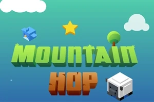 녹색과 파란색 배경 위에 별, 나무, 파란 새, 양의 모습과 함께 MOUNTAIN HOP이라는 글자가 있습니다