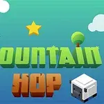 녹색과 파란색 배경 위에 별, 나무, 파란 새, 양의 모습과 함께 MOUNTAIN HOP이라는 글자가 있습니다