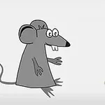 회색 쥐가 노란색 치즈 조각을 바라보고 있는 그림