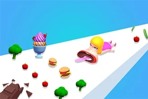 캐릭터가 흰색 길 위에서 혀를 내밀고 앞에 있는 음식들로 향하는 모습