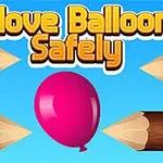파란 배경에 분홍색 풍선과 나무 장벽, Move Balloon Safely라는 글자가 있습니다