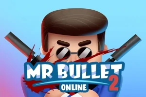 만화 스타일의 인물이 선글라스를 쓰고 두 개의 총을 든 모습과 MR BULLET 2 ONLINE이라는 텍스트가 있는 이미지