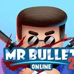 만화 스타일의 인물이 선글라스를 쓰고 두 개의 총을 든 모습과 MR BULLET 2 ONLINE이라는 텍스트가 있는 이미지