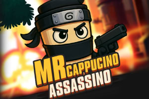닌자 복장을 한 캐릭터가 총을 들고 있는 모습, 배경에는 불타오르는 장면과 MR CAPPUCINO ASSASSINO라는 텍스트가 있다