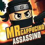 닌자 복장을 한 캐릭터가 총을 들고 있는 모습, 배경에는 불타오르는 장면과 MR CAPPUCINO ASSASSINO라는 텍스트가 있다