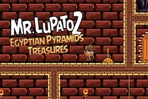 벽돌로 된 고대 유적 배경에 탐험가가 레버 앞에 서 있는 픽셀 아트 이미지