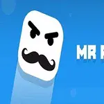 흰색 사각형 얼굴에 검은 수염과 화난 눈썹이 그려져 있으며, 옆에 MR PONG이라는 텍스트가 있는 파란색 배경