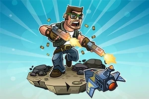 남성 캐릭터가 무기를 들고 외계 로봇과 전투하는 장면