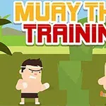 한 발차기를 하고 있는 두 복서 캐릭터와 MUAY THAI TRAINING이라는 텍스트가 있는 만화 스타일의 이미지