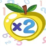 노란 사과 모양 안에 파란색 x2가 있고 주변에 여러 색깔의 숫자가 배경으로 배열되어 있다