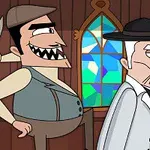 두 인물이 스테인드글라스 창 앞에 서 있는 장면