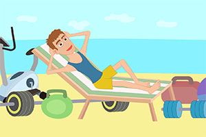 해변의 일광욕용 의자에 누워 휴식을 취하고 있는 사람과 주변에 놓인 운동기구들