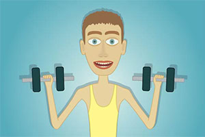 덤벨을 들고 있는 노란색 민소매를 입은 만화 스타일의 남자