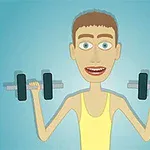 덤벨을 들고 있는 노란색 민소매를 입은 만화 스타일의 남자