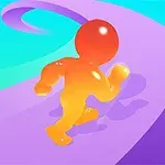 색상이 변하는 캐릭터가 곡선 형태의 보라색 길을 달리고 있는 모습