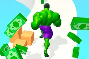 초록색 근육질 캐릭터가 보라색 바지를 입고 길 위를 달리고 있으며, 주변에 녹색 지폐와 상자가 놓여 있다