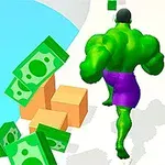 초록색 근육질 캐릭터가 보라색 바지를 입고 길 위를 달리고 있으며, 주변에 녹색 지폐와 상자가 놓여 있다