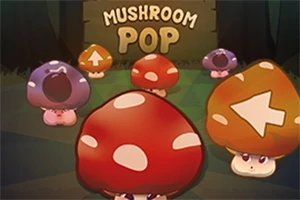 다섯 개의 귀여운 버섯들이 숲 배경 위에 모여 있으며, MUSHROOM POP이라는 글자가 상단에 위치해 있습니다