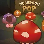 다섯 개의 귀여운 버섯들이 숲 배경 위에 모여 있으며, MUSHROOM POP이라는 글자가 상단에 위치해 있습니다