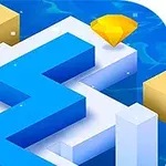 파란색과 흰색의 구불구불한 길 위에 노란색 보석과 주변에 노란색 큐브들이 있는 이미지