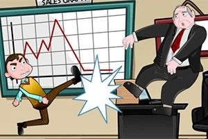 한 남성이 회의실에서 다른 남성을 책상 너머로 발로 차고 있는 장면