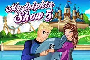 금발 남성과 갈색 머리 여성이 돌고래를 만지고 있으며, 뒤에는 성과 롤러코스터가 보이는 장면