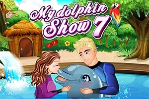 소녀와 남성이 돌고래와 함께 물속에서 상호작용하며 웃고 있는 장면