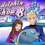 눈 내리는 배경에 캐릭터 두 명과 돌고래가 함께 있고, 뒤로는 화려한 성이 보이는 장면