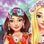 두 명의 여성이 꽃으로 장식된 화관을 쓰고 있으며, 꽃과 보석으로 꾸며진 드레스를 입고 있다